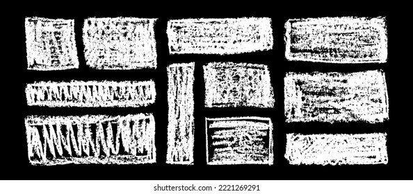 Chalk grunge rectangles set. Chalkboard sketches. Grunge rectangular shapes collection. White chalk rectangles and squares. Grungy framings.