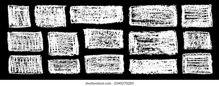 Conjunto de retângulos grunge de giz. Esboços de quadro-negro. Coleção de formas retangulares do Grunge. Retângulos e quadrados de giz branco. Molduras sujas.