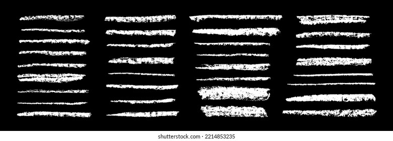 Kreide Grunge Striche und Ränder Set. Weiße Kreide-Skizzen. Grunge Striche, Linien und Kurven Kollektion. Schraffierung und Schreib.