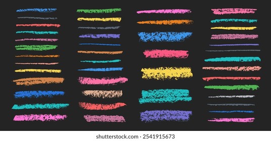 Chalk grunge strokes and borders set. Colorful chalk sketches. Grunge strokes and lines collection. Chalkboard hatches and scribbles.
