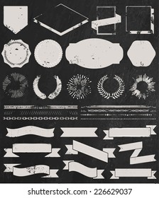 Chalk grunge textured set of vintage styled design hipster icons. Vector signs and symbols templates for your design, logo and badge on chalkboard background.