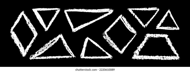 Chalk grunge triangles set. Chalkboard sketches. Grunge triangular shapes collection. White chalk triangles. Grungy framings.