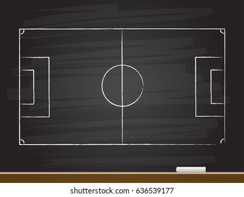 Chalk hand drawing with empty soccer game field. Vector illustration.