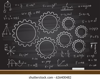 Chalk hand drawing with gear and equation. Vector illustration.