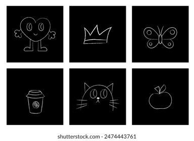 Chalk hand drawing heart and cat characters, coffee icon, apple, crown and butterfly doodles. Childish scribble  illustrationcard, posters. Vector