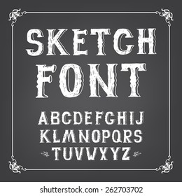 Chalk hand drawing sketch vector alphabet, black & white font on blackboard, uppercase  type letters