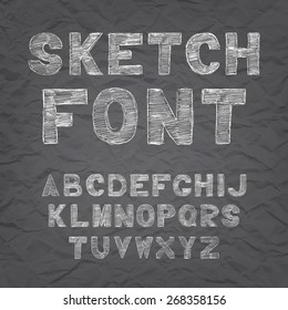 Chalk hand drawing sketch vector alphabet, black & white font on blackboard, uppercase type letters