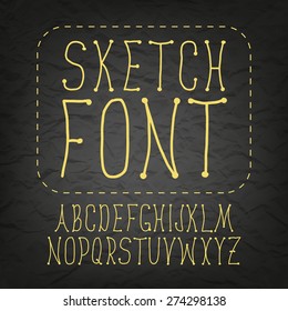 Chalk hand drawing sketch vector alphabet, black & yellow font on blackboard, uppercase type thin handwritten letters