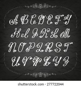 Chalk hand drawing sketch vector alphabet, black & white font on blackboard, type thin handwritten uppercase letters
