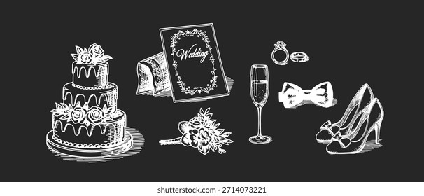 Tiza mano dibujando cosas de la boda con pastel, invitación, anillo de compromiso, copa de champán, pajarita, zapato de novia. doodle despedida de soltera Ilustración vectorial