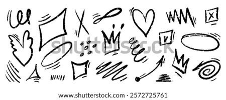Chalk hand drawn arrow, brush lines, underlines, crayon marker scribbles, grunge texture, heart, crown, text box, zig zag doodle vector sketch elements.