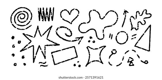 Chalk hand drawn arrow, marker lines, underlines, frames, crayon brush scribbles, dots, grunge texture, doodle vector sketch elements.
