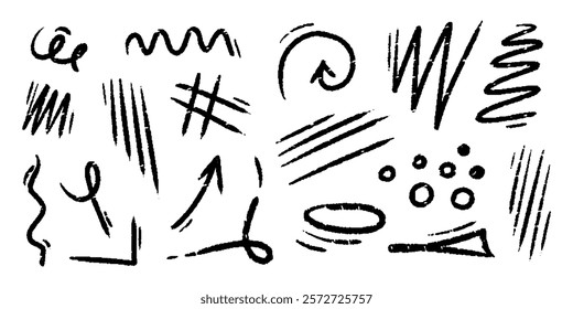 Chalk hand drawn arrow, marker lines, underlines, crayon brush scribbles, grunge texture, zig zag doodle vector sketch elements.
