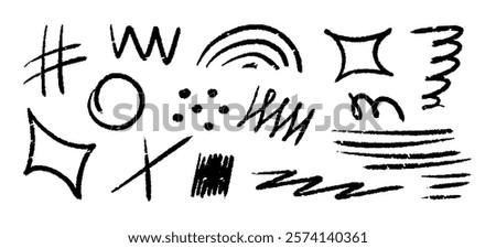 Chalk hand drawn arrow, marker lines, underlines, crayon brush scribbles, grunge texture, zig zag doodle vector sketch element.