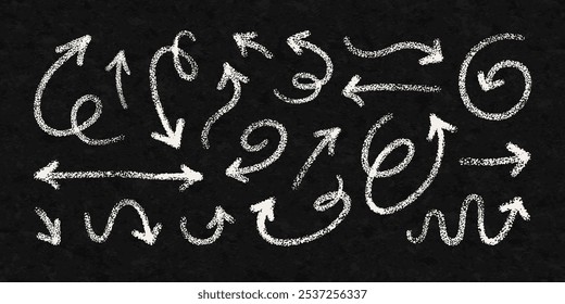 Chalk hand drawn arrows. White line elements with crayon texture. Doodle handwritten arrows on school black chalkboard. Sketch icons of pointing and direction signs with rough texture, vector set