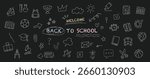 Chalk hand drawn back to school icon set. Doodle icons on chalkboard. Containing school supplies, stationery, lettering and grunge decoration elements. Start a new semester. Vector illustration.
