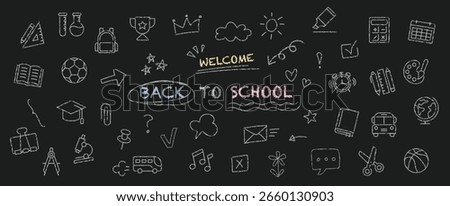 Chalk hand drawn back to school icon set. Doodle icons on chalkboard. Containing school supplies, stationery, lettering and grunge decoration elements. Start a new semester. Vector illustration.