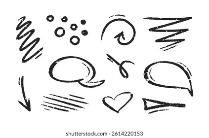 Chalk hand drawn black arrow, marker lines, underlines. Crayon brush scribbles, heart, speech bubble, grunge texture, zig zag by marker or pencil. Doodle vector sketch elements.