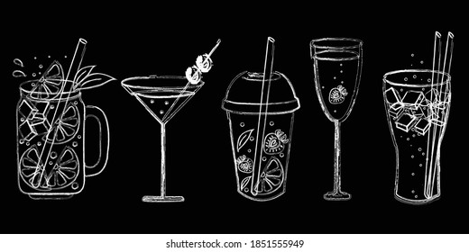 Chalk hand drawn cocktails set with black background. Cocktails isolated.