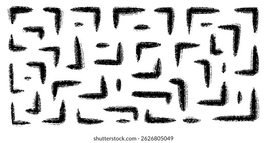 Chalk hand drawn corner elements with dots, rectangular frames, text corners, quote frame, geometric pattern. Crayon marker lines, underlines, frames, grunge texture, doodle vector sketch illustration