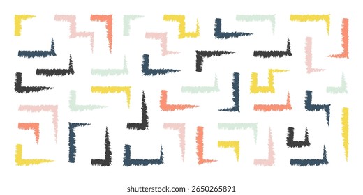 Chalk hand drawn corner elements, rectangular frames, text corners, quote frame, geometric pattern. Crayon marker lines, underlines, frames, grunge texture, doodle vector sketch illustration.