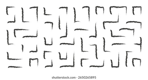 Chalk hand drawn corner elements, rectangular frames, text corners, quote frame, geometric pattern. Crayon black marker lines, underlines, frames, grunge texture, doodle vector sketch illustration.