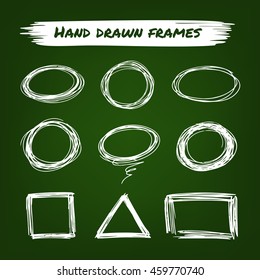 Chalk hand drawn frames on a green background. Doodles scribble set