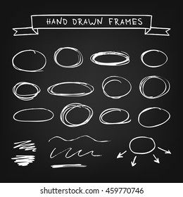 Chalk hand drawn frames on black background. Doodles scribble set