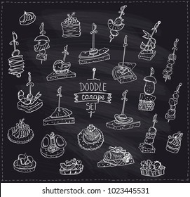 Chalk hand drawn graphic doodle illustration with canapes and sandwiches