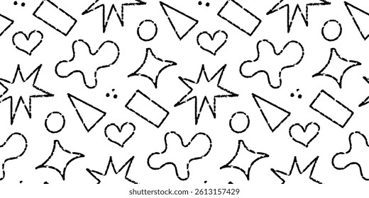 Chalk hand drawn kids seamless pattern. Doodle fun and playful vector background with black crayon style shapes including stars, hearts, circles, and squiggles. Ideal for children packaging, fabric
