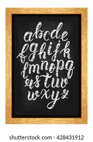 Chalk hand drawn latin calligraphy brush script of lowercase letters on the blackboard. Calligraphic alphabet. Vector illustration
