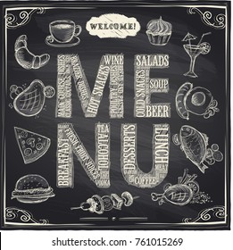 Chalk hand drawn menu board with hand drawn food symbols.