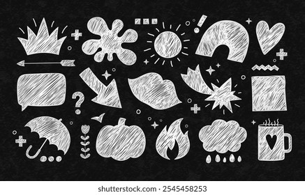Chalk hand drawn sketches, icons of shapes with pencil scribbles. Doodle handwritten elements on school black chalkboard, icons of fire, coffee mug, sun, rain, heart with pen strokes, vector set