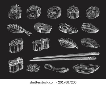 Chalk hand drawn sushi pieces on blackboard, sketch engraving style vector illustration isolated on black background. Japanese asian cuisine sushi meals set.