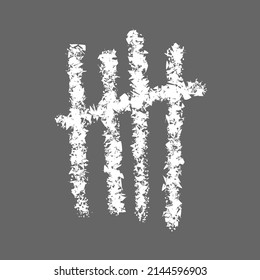 Chalk hand drawn tally mark. Counting stripes on chalkboard. Number 5 symbol in unary numeral system. White sticks sorted by four and crossed out by slash line. Vector illustration