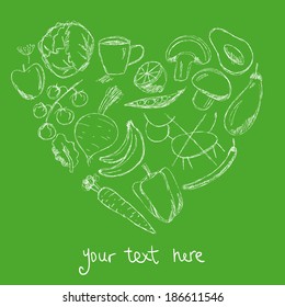 chalk hand drawn vegetarian food icons in heart shape on green background with empty space for your text here, design template