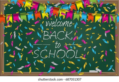 Chalk hand drawn Welcome Back to School text on green class blackboard with holiday flags and confetti. Vector school illustration.