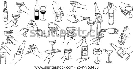 Chalk hand drawn wine illustrations. Icons of wine or champagne glasses, cocktails, bottles, hands holding glasses, hands toasting, drinking, doodle or sketch style.