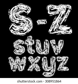 Chalk hand font: S-Z lower case letters on a blackboard background, vector illustration