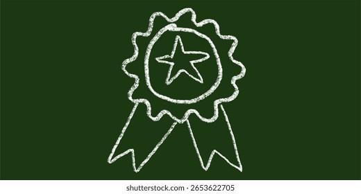 Chalk hand-drawn badge with star icon on green chalkboard background. Doodle vector representing award, rank, achievement, quality, favorite, honor, best choice, rating, and certification.