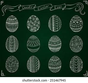 Chalk hand-drawn doodle vector Happy Easter set with eggs on blackboard background. Doodle style decorated easter egg collection. Each egg is decorated with a different pattern. Zentangle style.