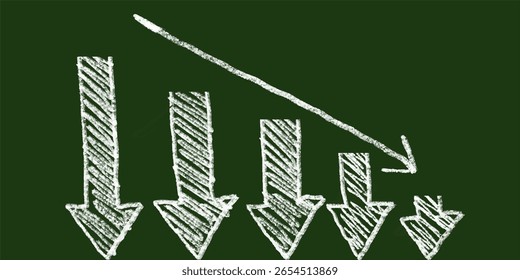 Chalk hand-drawn downward arrow icon on green chalkboard background. Simple doodle vector representing decline, loss, reduction, negative trend, drop in business, finance, or performance.