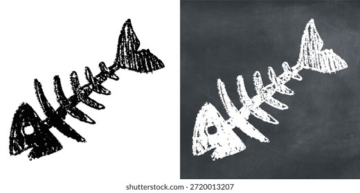 Chalk handdrawn fish bone vector for seafood menus. Ideal for illustrating leftovers, cat food, marine waste, and restaurant blackboards.