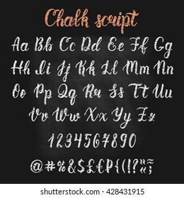 Chalk handdrawn latin calligraphy brush script with numbers and symbols. Calligraphic alphabet. Vector illustration