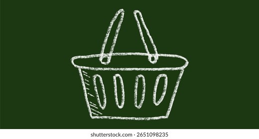 Chalk hand-drawn shopping basket icon on green chalkboard background. Simple doodle style vector for shopping, retail, store, supermarket, sale, commerce, and online market design.