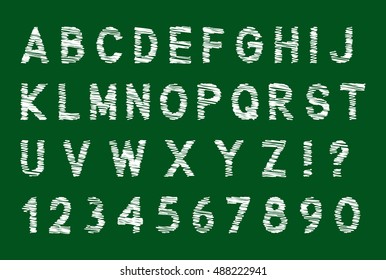 Chalk handwritten font set with numbers, white isolated on green background, vector illustration.