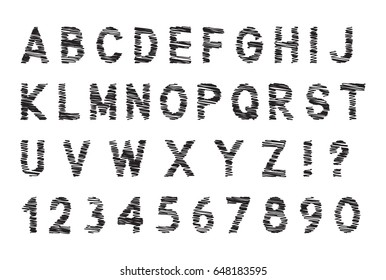 Chalk handwritten font set with numbers, black isolated on white background, vector illustration.