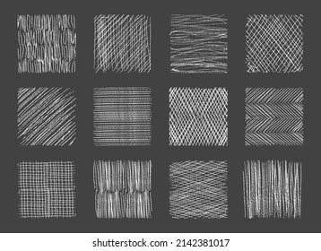 Chalk hatching. Crosshatch paintbrush textures, chalky graphite paint sketchy bar backgrounds, chalkout shading drawing texture scratches vector illustration