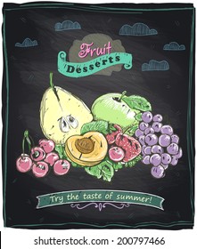 Chalk Healthy Food Fruit Menu, Chalkboard Background With Place For Text.