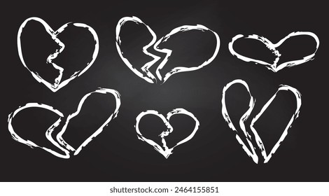 Chalk heart break shape. Doodle scribble love sketch icon. Pencil paint stroke frame element. Crack divorce drawing. Grunge abstract broken design isolated on chalkboard backdrop